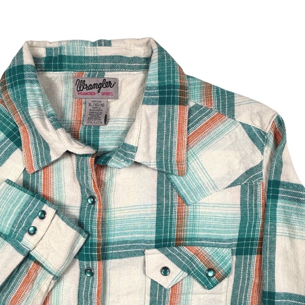 Wrangler Wrancher Womens XL Teal Orange Plaid Western Pearl Snap Cotton Shirt